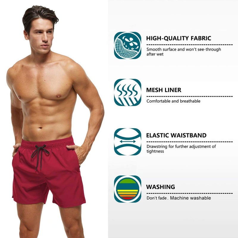 Tyhengta Mens Stretch Swim Trunks Quick Dry Beach Shorts with Zipper Pockets and Mesh Lining Wine-Red 34 - Image 3